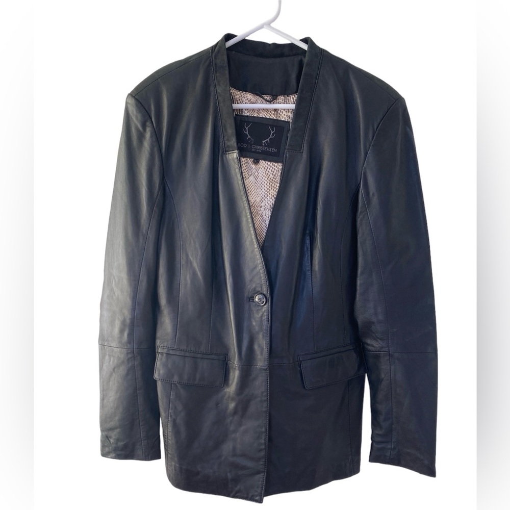 Bod & Christenson Collarless Black Leather Jacket Blazer One Button Womens Sz L